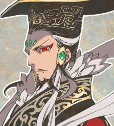 Rule 34 | 1boy, alternate universe, azuma toh, black hair, chinese clothes, facial hair, fate/grand order, fate (series), forehead jewel, goatee, green pupils, guan hat, hat, manly, mian guan, multicolored hair, mustache, portrait, prototype design, red eyes, shawl, shi huang di (fate), solo, two-tone hair, white hair