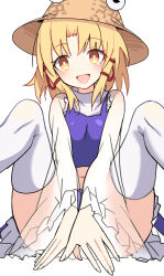 Rule 34 | 1girl, blonde hair, blush, brown hat, e.o., fingernails, hat, highres, long hair, long sleeves, looking at viewer, moriya suwako, navel, open mouth, purple vest, shirt, simple background, smile, solo, thighhighs, touhou, vest, white background, white shirt, white thighhighs, wide sleeves, yellow eyes
