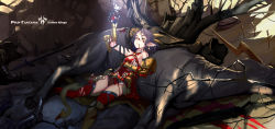 Rule 34 | 1girl, armor, blood, damaged, death, deer, gauntlets, gloves, highres, injury, lying, magic, pixiv fantasia, pixiv fantasia fallen kings, pointy ears, realmbw, short hair, sword, thighhighs, torn clothes, tree, weapon