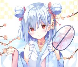 Rule 34 | 1girl, absurdres, bare shoulders, blue hair, blue sleeves, blush, branch, closed mouth, collarbone, commentary request, detached sleeves, floral print, flower, hair between eyes, hair flower, hair ornament, hands up, head tilt, highres, holding, japanese clothes, kimono, kinokomushi, long sleeves, original, print sleeves, red eyes, red flower, sleeveless, sleeveless kimono, sleeves past fingers, sleeves past wrists, smile, solo, two side up, upper body, white kimono