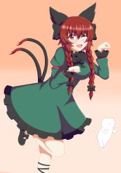 Rule 34 | 1girl, ;d, absurdres, animal ears, bow, braid, cat, cat ears, cat tail, dress, gradient background, highres, kaenbyou rin, light blush, multiple tails, nekomata, one eye closed, open mouth, paw pose, red eyes, red hair, seo haruto, smile, standing, standing on one leg, tail, touhou, twin braids, two tails