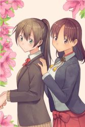 Rule 34 | 10s, 2girls, :o, black jacket, blazer, blouse, blush, bow, bowtie, breasts, brown eyes, brown hair, c:, chiyoda (kancolle), closed mouth, collared shirt, commentary, female focus, floral background, flower, from side, green eyes, hair between eyes, hakama, hakama skirt, hand up, highres, jacket, japanese clothes, kantai collection, kumano (kancolle), large breasts, long hair, long sleeves, looking at viewer, masukuza j, multiple girls, neck, open mouth, pink flower, ponytail, red bow, red hakama, red neckwear, red skirt, school uniform, shirt, short hair, skirt, smile, standing, upper body, white background