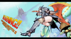 Rule 34 | alternate color, armor, ass, axe, boots, bubble, capcom, cha-cha, darius (series), english text, engrish text, fish, fujiwara hisashi, gauntlets, helmet, highres, huge weapon, letterboxed, monster, monster hunter, monster hunter (series), monster hunter 3, ocean, parody, plesioth, ranguage, rathalos (armor), revision, swimming, switch axe, underwater, vambraces, weapon