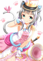 Rule 34 | 1girl, :3, :q, between legs, blush, bracelet, breasts, cat tail, closed mouth, commentary request, epaulettes, frilled skirt, frills, gloves, grey hair, hair bobbles, hair ornament, hand up, hat, highres, holding, holding instrument, instrument, jewelry, kashiwagi mia, long hair, ongeki, paw print, paw print background, pearl bracelet, pink ribbon, pink skirt, ribbon, shako cap, shirt, sidelocks, skirt, sleeveless, sleeveless shirt, small breasts, solo, sword, tail, tail ornament, tail ribbon, tongue, tongue out, trumpet, two side up, weapon, white gloves, white hat, white shirt, xenon (for achieve)