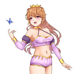 Rule 34 | 1girl, artist name, artist request, bare legs, blue butterfly, blush, bracelet, breasts, brown hair, bug, butterfly, butterfly (love live!), choker, cleavage, clothing cutout, collarbone, cropped shirt, crown, detached sleeves, double bun, dress, dress shirt, earrings, female focus, floating hair, gold bracelet, hair between eyes, hair bun, hair rings, harem outfit, highres, insect, jewelry, konoe kanata, long hair, looking at viewer, love live!, love live! nijigasaki high school idol club, love live! school idol festival, nail, nail polish, navel, parted lips, pink nails, puffy short sleeves, puffy sleeves, purple eyes, purple shirt, purple shorts, purple sleeves, shirt, short sleeves, shorts, shoulder cutout, small breasts, smile, solo, two side up, white background, yellow bracelet, yellow choker