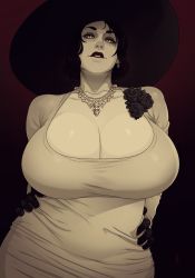 Rule 34 | 1girl, alcina dimitrescu, black hair, breasts, cleavage, dress, hands on own hips, hat, highres, jewelry, large breasts, lipstick, lunasanguinis, makeup, mature female, necklace, pale skin, parted lips, pearl necklace, red lips, resident evil, resident evil village, sagging breasts, short hair, solo, sun hat, upper body, white dress, yellow eyes