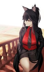 Rule 34 | 1girl, animal ears, arknights, belt, black belt, black hair, black necktie, black shorts, brown eyes, cigarette, collared shirt, commentary, cowboy shot, gloves, hands in pockets, highres, jacket, long hair, looking away, looking to the side, makino, mouth hold, necktie, official alternate costume, ponytail, red eyes, red gloves, red shirt, shirt, shorts, simple background, solo, stairs, standing, striped clothes, striped shorts, texas (arknights), texas (willpower) (arknights), vertical-striped clothes, vertical-striped shorts, wolf ears