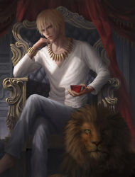 Rule 34 | 1boy, bad id, bad pixiv id, blonde hair, chair, cup, drinking glass, fate/zero, fate (series), gilgamesh (fate), jewelry, kuda (1713261460), lion, male focus, necklace, official alternate costume, realistic, red eyes, solo, wine glass