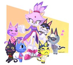 Rule 34 | animal crossing, ankha (animal crossing), blaze the cat, bob (animal crossing), cat girl, cat tail, egyptian, forehead jewel, fur-trimmed footwear, fur-trimmed gloves, fur trim, glasses, gloves, gold necklace, heart, high heels, highres, jacket, jewelry, kiki (animal crossing), necklace, nintendo, nitroneato, pants, ponytail, punchy (animal crossing), purple jacket, raymond (animal crossing), rosie (animal crossing), sonic (series), sweater, tail, white pants, yellow eyes