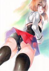 Rule 34 | 1girl, absurdres, ass, black thighhighs, breasts, covered erect nipples, hair between eyes, headband, highres, kantai collection, long sleeves, miniskirt, open mouth, orange eyes, orange hair, pleated skirt, red skirt, ribs, rozarin, short hair, sideboob, skirt, small breasts, solo, taihou (kancolle), thighhighs, thighs, traditional media