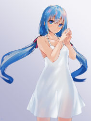 Rule 34 | 1girl, bad id, bad pixiv id, bare arms, blue eyes, blue hair, collarbone, cowboy shot, dress, floating hair, grey background, hair between eyes, hatsune miku, highres, long hair, osanzi, solo, steepled fingers, twintails, very long hair, vocaloid, white dress