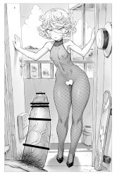 Rule 34 | 1boy, 1girl, absurdres, bar censor, blush, bodysuit, border, breasts, censored, cloud, commentary request, contrapposto, crotch cutout, erection, fishnet bodysuit, fishnets, flipped hair, full body, greyscale, heart, heart censor, hetero, high heels, highres, looking at viewer, male pubic hair, mogudan, monochrome, nipples, one-punch man, open door, paid reward available, parted lips, penis, pov, pov crotch, precum, pubic hair, see-through bodysuit, shadow, short hair, skateboard, sky, small breasts, smile, solo focus, standing, tatsumaki, thick thighs, thighs