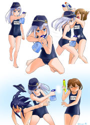 Rule 34 | 10s, 4girls, akatsuki (kancolle), blue eyes, blue one-piece swimsuit, brown eyes, brown hair, commentary request, fighting, flat cap, folded ponytail, hair ornament, hairclip, hat, hibiki (kancolle), highres, ikazuchi (kancolle), inazuma (kancolle), kantai collection, long hair, mu-pyon, multiple girls, name tag, one-piece swimsuit, purple hair, school swimsuit, short hair, silver hair, swimsuit, translated, twitter username, water gun