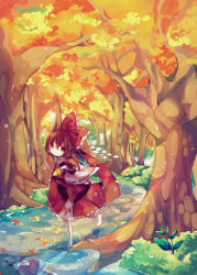 Rule 34 | 1girl, ana (rznuscrf), ascot, autumn leaves, barefoot, bow, brown hair, detached sleeves, dress, female focus, forest, gohei, hair bow, hair tubes, hakurei reimu, highres, japanese clothes, miko, nature, red dress, red eyes, smile, solo, stream, touhou, wading, water