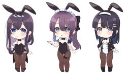 Rule 34 | 2023, 3girls, :&lt;, :d, :o, animal ears, ankle bow, ankle ribbon, ao no neko, belt, black bow, black bowtie, black hair, black pantyhose, blue eyes, boots, bow, bowtie, chibi, chinese zodiac, cropped jacket, detached sleeves, fang, frilled leotard, frills, hair bow, hair ornament, hairband, hairclip, hand on own chest, hand on own hip, highres, jacket, leotard, long hair, multiple girls, new year, open clothes, open jacket, open mouth, original, pantyhose, playboy bunny, ponytail, puffy short sleeves, puffy sleeves, purple hair, rabbit ears, ribbon, short sleeves, sidelocks, simple background, smile, thigh belt, thigh strap, white background, wrist cuffs, x hair ornament, year of the rabbit