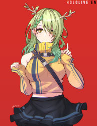 Rule 34 | 1girl, absurdres, antlers, armpit crease, bare shoulders, braid, branch, breasts, ceres fauna, green hair, highres, holocouncil, hololive, hololive english, horns, large breasts, leaf, looking at viewer, midriff, miniskirt, mole, red background, sk jynx, skirt, standing, virtual youtuber, wavy hair, yellow eyes