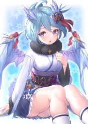 Rule 34 | 1girl, :o, absurdres, ahoge, blue hair, blue skirt, bow, breasts, commentary, dot nose, dragon girl, dragon wings, feet out of frame, fur scarf, fur trim, hair between eyes, hair bow, hair ornament, hand on own chest, hazakura shoha, highres, kneehighs, knees together feet apart, long sleeves, medium breasts, open mouth, pleated skirt, princess connect!, purple eyes, sash, sheffy (princess connect!), sitting, skirt, snowflakes, socks, solo, tassel, thighs, wings