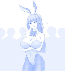 Rule 34 | 1girl, animal ears, bare shoulders, blush, bow, bowtie, breast hold, breasts, cleavage, covered navel, crossed arms, crowd, detached collar, fake animal ears, fishnet pantyhose, fishnets, heavy breathing, highleg, highleg leotard, highres, ijiranaide nagatoro-san, impossible clothes, impossible leotard, large breasts, leotard, long hair, looking away, monochrome, pantyhose, playboy bunny, ponytail, rabbit ears, solo focus, sunomiya sana, sweat, viperxtr