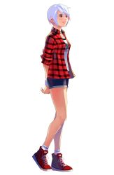 Rule 34 | 1girl, another code, another code r, another code recollection, arms behind back, ashley mizuki robbins, black eyes, closed mouth, denim, denim shorts, full body, official alternate costume, official art, short hair, shorts, sleeves rolled up, smile, solo, standing, white background, white hair