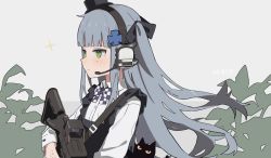 Rule 34 | 1girl, aged down, animal, assault rifle, black cat, black hat, blunt bangs, blush, bow, bowtie, cat, character name, checkered bow, checkered bowtie, checkered clothes, checkered neckwear, closed mouth, dress, facial mark, frilled dress, frills, girls&#039; frontline, green eyes, grey background, gun, h&amp;k hk416, hair ornament, hair ribbon, hat, headphones, headset, hk416 (black kitty&#039;s gift) (girls&#039; frontline), hk416 (girls&#039; frontline), holding, holding gun, holding weapon, long hair, long sleeves, mini hat, official alternate costume, ribbon, rifle, solo, sparkle, teardrop, upper body, weapon, yuki hotaru