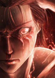 Rule 34 | 1boy, absurdres, angry, black hair, blood, blood on face, bloodshot eyes, brown hair, close-up, closed mouth, electricity, eren yeager, eyelashes, facial mark, facial scar, hair pulled back, hair slicked back, highres, lightning, long hair, male focus, muscular, nosebleed, portrait, realistic, red eyes, red theme, scar, scar across eye, scar on cheek, scar on face, serious, shingeki no kyojin, signature, solo, sucubuss art, topless male, veins