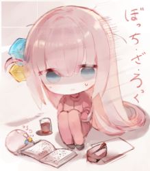 Rule 34 | 1girl, black footwear, blue eyes, bocchi the rock!, book, chibi, commentary request, cube hair ornament, cup, drink, drinking glass, full body, gotoh hitori, hair between eyes, hair ornament, hugging own legs, jacket, knees up, kotatu (akaki01aoki00), long hair, one side up, open book, pants, pencil case, pink hair, red jacket, red pants, shoes, sitting, solo, track jacket, track pants, track suit, translation request, very long hair