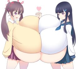 Rule 34 | 2girls, black hair, breast press, breasts, eye contact, fang, futon7979, gigantic breasts, half-closed eyes, heart, holding hands, interlocked fingers, looking at another, multiple girls, open mouth, pink eyes, purple eyes, school uniform, serafuku, skirt, standing, symmetrical docking, twintails, underboob, white background, yuri