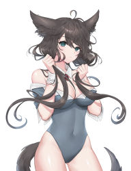 Rule 34 | 1girl, absurdres, ahoge, animal ears, bare shoulders, black hair, blue eyes, breasts, bunching hair, cleavage, covered navel, cowboy shot, detached collar, dog ears, dog girl, dog tail, grey leotard, highleg, highleg leotard, highres, holding, holding own hair, leotard, long hair, looking at viewer, low twintails, medium breasts, off shoulder, original, raku (clearpage), simple background, solo, tail, thighs, twintails, white background