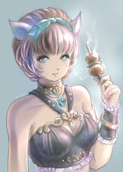 Rule 34 | 1girl, :t, animal ears, aqua background, aqua bow, artist name, adventurer (ff11), bare shoulders, blue eyes, bow, bracelet, breasts, brown hair, cat ears, cleavage, closed mouth, eyelashes, final fantasy, final fantasy xi, food, frills, hair bow, hand up, holding, jewelry, kebab, medium breasts, mithra (ff11), piyoco, short hair, skewer, solo, steam