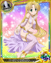Rule 34 | 1girl, ahoge, arm support, asia argento, ass, bare shoulders, bishop (chess), blonde hair, blunt bangs, blunt ends, blush, breasts, card (medium), chess piece, choker, cleavage, collarbone, detached sleeves, gold, gold trim, green eyes, hand on own hip, high school dxd, long hair, looking at viewer, lying, navel, no bra, no shoes, on side, see-through, see-through sleeves, simple background, small breasts, solo, stomach, tagme, thighhighs, torn clothes