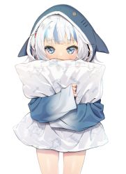 Rule 34 | 1girl, absurdres, agnamore, animal hood, blue eyes, blue hair, blue hoodie, blush, covered mouth, gawr gura, highres, hololive, hololive english, hood, hood up, hoodie, long sleeves, looking at viewer, multicolored hair, hugging object, pillow, pillow hug, romaji text, shark hood, simple background, sleeves past wrists, solo, streaked hair, transparent background, virtual youtuber, white background, white hair