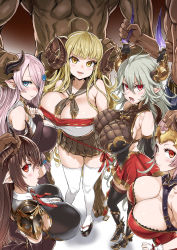 Rule 34 | 2boys, 5girls, absurdres, aliza (granblue fantasy), anila (granblue fantasy), antenna hair, asanagi, bare shoulders, bikini, black gloves, blonde hair, breasts, brown hair, circlet, cleavage, draph, forte (shingeki no bahamut), gloves, granblue fantasy, hair over one eye, height difference, highres, horn grab, horn ornament, horns, huge breasts, light purple hair, long hair, looking at viewer, multiple boys, multiple girls, narmaya (granblue fantasy), pink hair, pointy ears, shortstack, sideboob, simple background, size difference, skindentation, skirt, smile, swimsuit, threo (granblue fantasy), thick thighs, thighhighs, thighs, white background, white bikini, white legwear