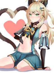 Rule 34 | 1girl, absurdres, bare shoulders, black gloves, black shirt, blonde hair, blue skirt, blush, bridal gauntlets, cat tail, commentary request, crop top, detached sleeves, genshin impact, gloves, green eyes, hair ornament, hairclip, heart, highres, kirara (genshin impact), long hair, long sleeves, looking at viewer, midriff, miniskirt, multiple tails, navel, pleated skirt, shirt, simple background, sitting, skirt, solo, stomach, tail, thighs, two tails, warabi mochi (w4rabimochi), white background