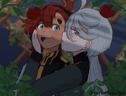 Rule 34 | 2girls, ahoge, aqua eyes, artist name, asticassia school uniform, biting, blush, cheek biting, grey eyes, grey hair, gundam, gundam suisei no majo, hair between eyes, hand on another&#039;s cheek, hand on another&#039;s face, highres, kartoffelpuffah, long hair, looking at viewer, low ponytail, miorine rembran, mixed-language commentary, multiple girls, open mouth, ponytail, red hair, school uniform, suletta mercury, teeth, thick eyebrows, tomato, twitter username, upper teeth only, yuri