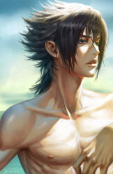 Rule 34 | 1boy, artist name, black hair, final fantasy, final fantasy xv, green eyes, hair between eyes, hand up, highres, looking away, male focus, medium hair, nipples, noctis lucis caelum, nose, parted lips, sinad aruatjanapat, solo, tagme, upper body