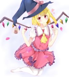 Rule 34 | 1girl, alternate headwear, ascot, bad id, bad pixiv id, blonde hair, candy, flandre scarlet, food, frilled skirt, frills, hat, hat ribbon, kyuukon (qkonsan), lantern, lollipop, looking at viewer, no shoes, pantyhose, petals, red eyes, ribbon, rose petals, side ponytail, simple background, skirt, skirt set, solo, touhou, white background, white pantyhose, wing hold, wings, witch hat