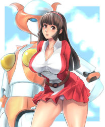 Rule 34 | 1970s (style), 1girl, aphrodai a, aphrodite a, blush, breasts, brown hair, collarbone, dress, hairband, hero (do-belman), huge weapon, jpeg artifacts, large breasts, leaning forward, legs, long hair, mazinger (series), mazinger z, mecha, oldschool, panties, pantyshot, retro artstyle, robot, shirt, smile, super robot, taut clothes, taut shirt, thighs, toei animation, underwear, weapon, white panties, yumi sayaka