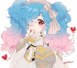 Rule 34 | 1girl, armor, bad id, bad twitter id, blue hair, fire emblem, fire emblem fates, gradient hair, hair over one eye, long sleeves, multicolored hair, nintendo, open mouth, peri (fire emblem), pink hair, plushcharm, red eyes, simple background, solo, twintails, twitter username, upper body, white background