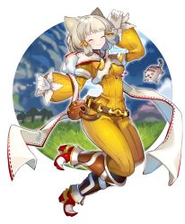 Rule 34 | alternate breast size, animal ears, bad id, bad pixiv id, boots, cat ears, closed eyes, highres, jumping, jumpsuit, long scarf, narrow waist, nia (xenoblade), nintendo, scarf, silver hair, simple background, solo, white background, xenoblade chronicles (series), xenoblade chronicles 2, yagi (kyuhyun)