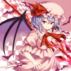 Rule 34 | 1girl, bad id, bad pixiv id, bat (animal), bat wings, dress, fang, fang out, hat, hat ribbon, light purple hair, looking at viewer, mob cap, pink dress, puffy short sleeves, puffy sleeves, red eyes, remilia scarlet, ribbon, short sleeves, smile, solo, spear the gungnir, takehana note, touhou, wings, wrist cuffs