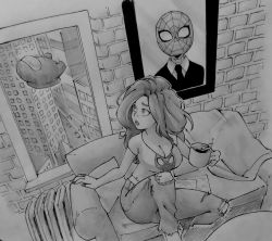 Rule 34 | 1girl, among us, andony strawhat, breasts, cleavage, crewmate (among us), crossover, denim, falling, formal, greyscale, highres, jeans, long hair, looking back, marvel, mary jane watson, medium breasts, monochrome, pants, parody, parted lips, photo (object), radiator, redrawn, sitting, spider-man, spider-man (series), suit, superhero costume, torn clothes, torn jeans, torn pants