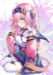 Rule 34 | 1girl, absurdres, animal ears, arknights, bare shoulders, black choker, black hairband, black skirt, blush, braid, cat ears, cat girl, cat tail, choker, coat, collarbone, electricity, full body, garter straps, goldenglow (arknights), hairband, hands in hair, high-waist skirt, highres, id card, lightning bolt print, long hair, long sleeves, open clothes, open coat, parted lips, pink coat, pink hair, pixerite, shirt, side braid, skirt, sleeveless, sleeveless shirt, solo, tail, thighhighs, white shirt, yellow eyes, 2b (nier:automata), zettai ryouiki