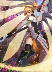 Rule 34 | 1girl, absurdres, adapted costume, armor, artist name, blonde hair, blue eyes, blue sky, blurry, blurry background, bodysuit, breasts, brown socks, building, cherry blossoms, cowboy shot, dated, day, emblem, energy beam, faulds, glowing, glowing wings, greaves, hair over one eye, high ponytail, highres, holding, holding staff, kneehighs, looking at viewer, mechanical wings, medium breasts, mercy (overwatch), nose, outdoors, overwatch, overwatch 1, parted lips, patch, pelvic curtain, petals, pink lips, serious, short hair, signature, sky, socks, solo, squidsmith, staff, swinging, swiss flag, thighhighs, tree, twitter username, wings, yellow wings