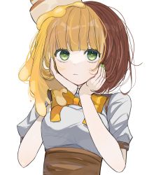 Rule 34 | 1girl, :&lt;, arms up, bow, bowtie, food, green eyes, green nails, hair ornament, head rest, highres, kimi ga shine, looking at viewer, maple (kimi ga shine), multicolored hair, nail polish, pancake, puffy sleeves, shaded face, short hair, short sleeves, simple background, two-tone hair, upper body, uvxf4w8x8pokn13