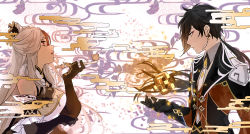 1boy 1girl bare_shoulders chinese_clothes collared_jacket earrings elbow_gloves fur_trim genshin_impact gloves hair_ornament hairpin highres jacket jewelry kk_(kkgame7733) multicolored_background ningguang_(genshin_impact) smoking smoking_pipe tassel tassel_earrings white_hair zhongli_(genshin_impact)