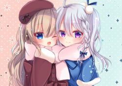 2girls 9-nine- ;d absurdres ahoge alternate_costume beret blue_background blue_bow blue_coat blue_eyes blush bow braid closed_mouth coat commentary_request eyelashes eyes_visible_through_hair fur-trimmed_sleeves fur_trim grey_hair hair_between_eyes hair_bow hair_ornament happy hat heads_together highres kujou_miyako light_brown_hair long_hair looking_at_viewer multiple_girls nekota_min niimi_sora one_eye_closed open_mouth pink_background pink_scarf polka_dot polka_dot_background pom_pom_(clothes) pom_pom_hair_ornament purple_eyes red_coat red_hat scarf shared_clothes shared_scarf side_ponytail sidelocks simple_background single_braid sleeves_past_wrists smile sparkle two-tone_background very_long_hair wide_sleeves winter_clothes