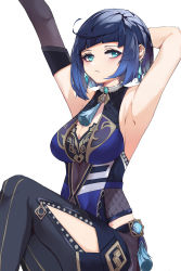 Rule 34 | 1girl, absurdres, armpits, arms up, black gloves, blue eyes, blue hair, blunt bangs, breasts, brooch, cleavage, commentary, dice, earrings, elbow gloves, genshin impact, gloves, highres, jewelry, k soumao, large breasts, looking at viewer, mole, mole on breast, short hair, simple background, single glove, sitting, sleeveless, solo, stretching, thighs, white background, yelan (genshin impact)