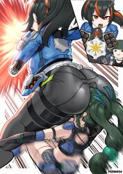 Rule 34 | 2girls, :3, absurdres, ammunition pouch, android, artist name, ass, ass focus, black gloves, black hair, black pants, black shorts, blue jacket, blue necktie, blunt bangs, breasts, checkered necktie, collared shirt, commentary, crop top, emphasis lines, face in ass, firing, gloves, green hair, gun, hair between eyes, handlebar, high-waist pants, highres, hip attack, holding, holding gun, holding weapon, holster, jacket, large breasts, long hair, long sleeves, metal hairband, midriff, motion blur, multicolored hair, multiple girls, necktie, open clothes, open jacket, open mouth, orange eyes, pants, police, police uniform, policewoman, ponytail, pouch, qingyi (zenless zone zero), recoil, red hair, robot girl, shirt, short shorts, shorts, shoulder holster, sidelocks, sleeveless, sleeveless shirt, standing, streaked hair, symbol-only commentary, teeth, thigh pouch, tight clothes, tight pants, twintails, uwu, weapon, white shirt, yuzun404, zenless zone zero, zhu yuan