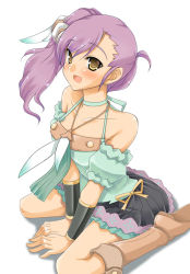 Rule 34 | bare shoulders, boots, gokubuto mayuge, harvest moon, jewelry, necklace, odette (rune factory), ponytail, purple hair, rune factory, rune factory oceans, side ponytail, sitting, solo, wariza, yellow eyes