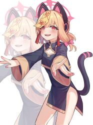 Rule 34 | 1girl, absurdres, animal ear headphones, animal ears, ass, blonde hair, blue archive, blush, cat tail, chinese clothes, cleavage cutout, clothing cutout, fake animal ears, halo, headphones, highres, jiangshi costume, long sleeves, momoi (blue archive), multiple views, ofuda, open mouth, pink halo, red eyes, ricke 2002, short hair, simple background, smile, tail, thighs, white background, zoom layer